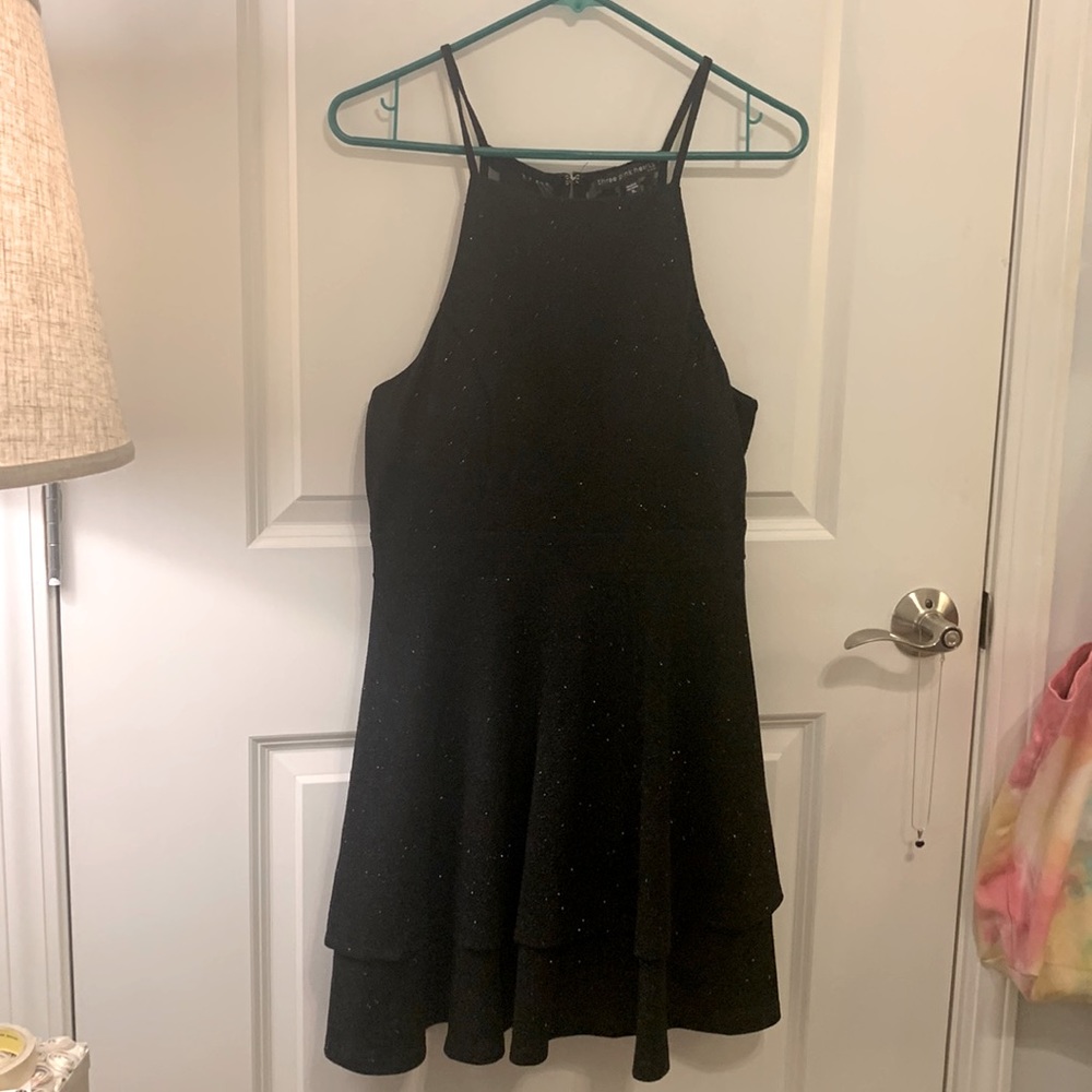 XL three pink hearts black sparkly dress with lace back detail, layered skirt